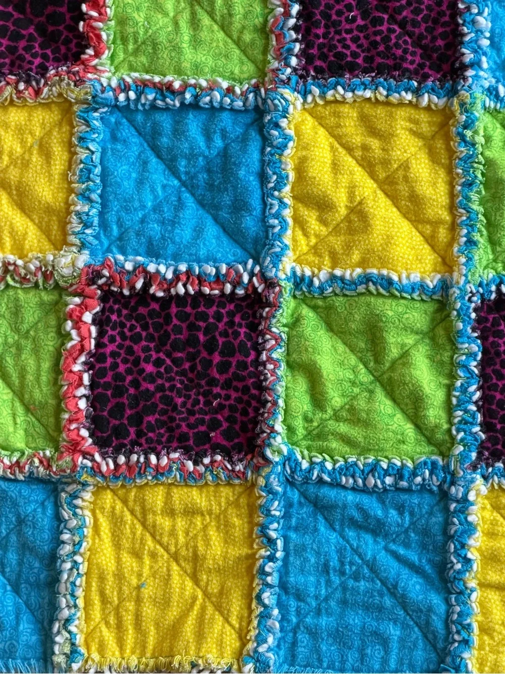 Handmade Laurel Burch “Wild Ones” Rag Quilt Throw 57” x 56” Vintage Cat Art